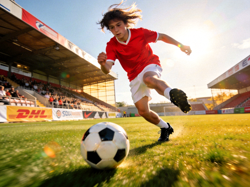 年轻人在足球场上奔跑射门的活力运动场景